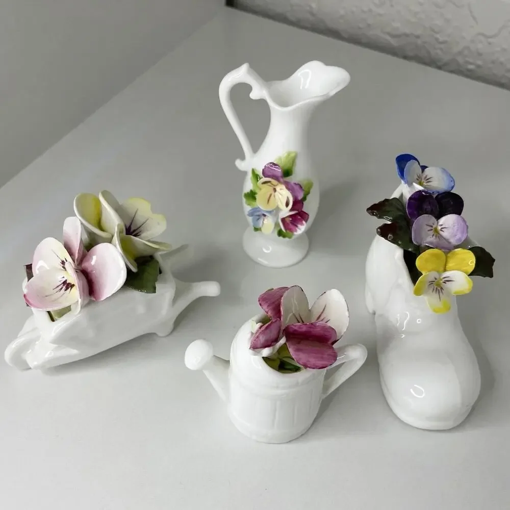 4pc Bone China Pansies Miniatures Vase, Boot, Wheelbarrow, and Watering Can